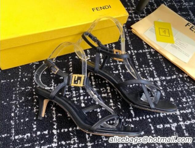 Charming Fendi FFold medium-heeled sandals 6cm in Calfskin Leather Black 604207