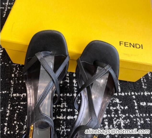 Charming Fendi FFold medium-heeled sandals 6cm in Calfskin Leather Black 604207