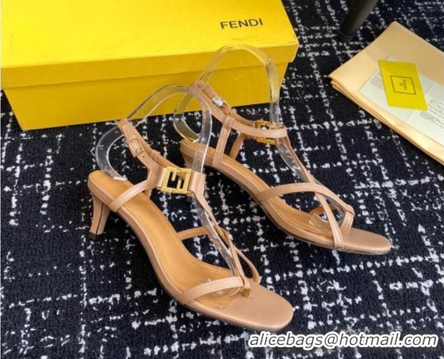 Good Product Fendi FFold medium-heeled sandals 6cm in Calfskin Leather Brown 604209