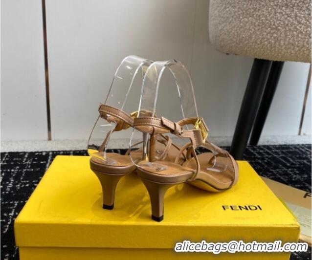 Good Product Fendi FFold medium-heeled sandals 6cm in Calfskin Leather Brown 604209