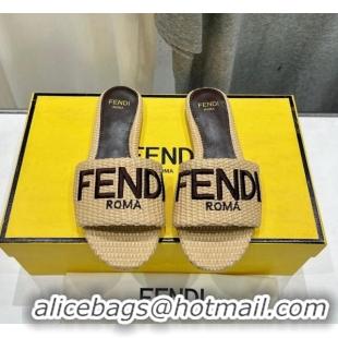 Good Quality Fendi Signature Flat Slide Sandals in Woven Fiber Khaki 702093