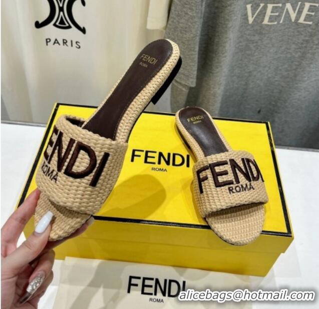 Good Quality Fendi Signature Flat Slide Sandals in Woven Fiber Khaki 702093