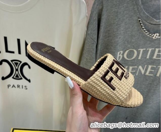 Good Quality Fendi Signature Flat Slide Sandals in Woven Fiber Khaki 702093