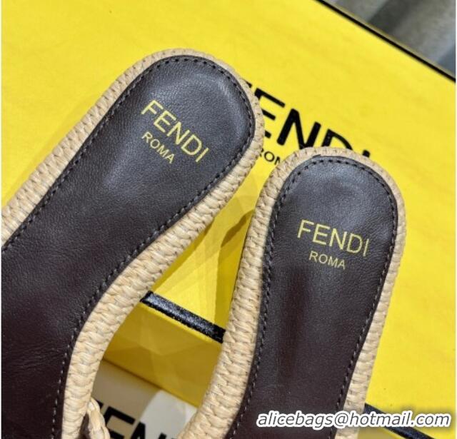 Good Quality Fendi Signature Flat Slide Sandals in Woven Fiber Khaki 702093