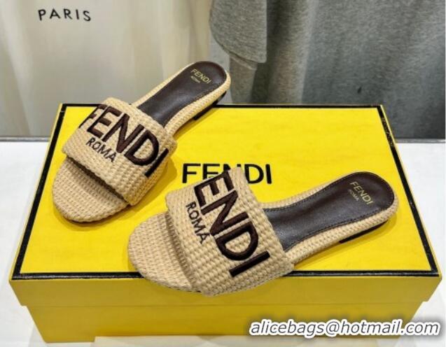 Good Quality Fendi Signature Flat Slide Sandals in Woven Fiber Khaki 702093