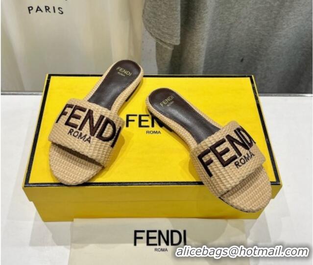 Good Quality Fendi Signature Flat Slide Sandals in Woven Fiber Khaki 702093