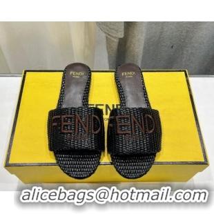 Unique Style Fendi Signature Flat Slide Sandals in Woven Fiber Black 702094