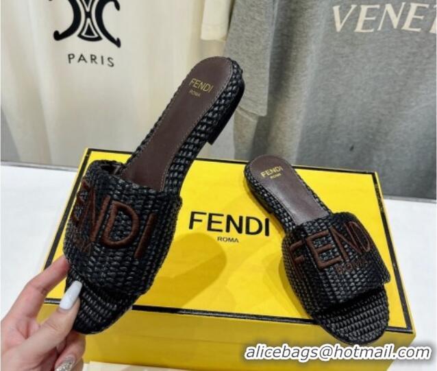 Unique Style Fendi Signature Flat Slide Sandals in Woven Fiber Black 702094