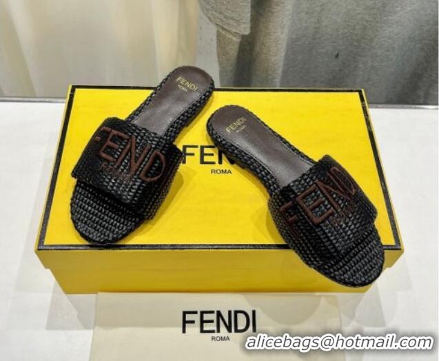 Unique Style Fendi Signature Flat Slide Sandals in Woven Fiber Black 702094