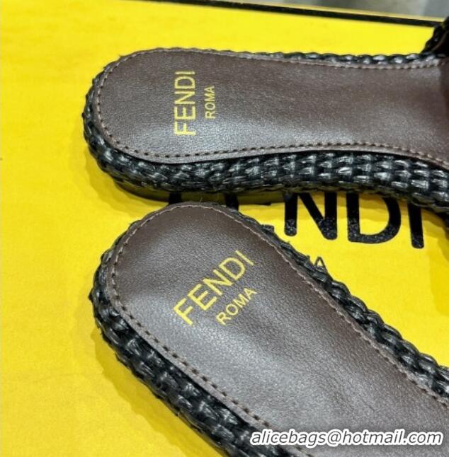 Unique Style Fendi Signature Flat Slide Sandals in Woven Fiber Black 702094