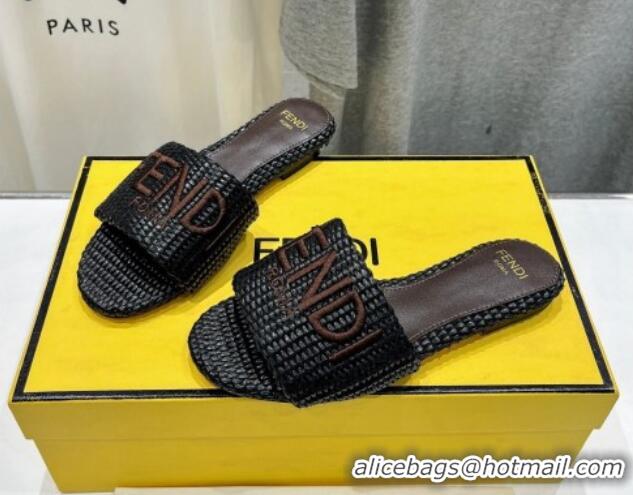 Unique Style Fendi Signature Flat Slide Sandals in Woven Fiber Black 702094