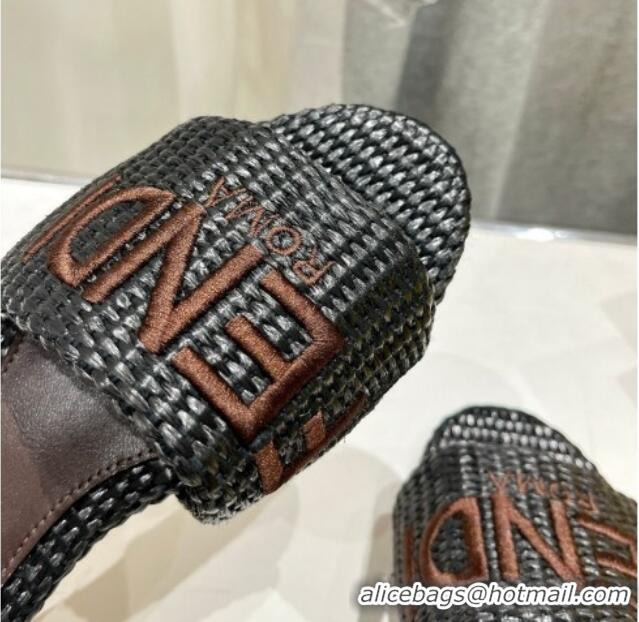 Unique Style Fendi Signature Flat Slide Sandals in Woven Fiber Black 702094