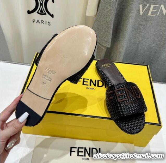 Unique Style Fendi Signature Flat Slide Sandals in Woven Fiber Black 702094