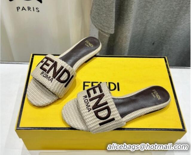 Best Product Fendi Signature Flat Slide Sandals in Woven Fiber Beige 702095