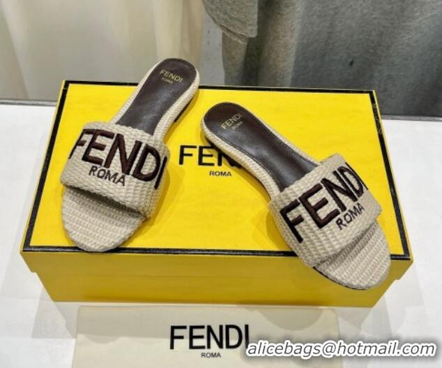 Best Product Fendi Signature Flat Slide Sandals in Woven Fiber Beige 702095