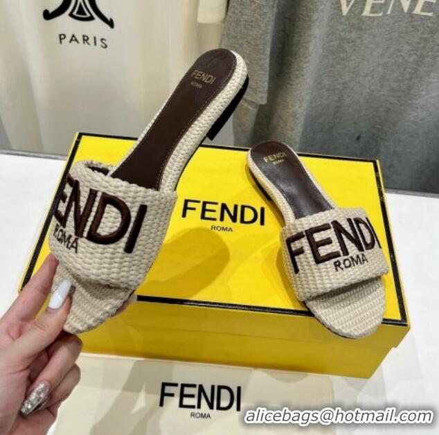 Best Product Fendi Signature Flat Slide Sandals in Woven Fiber Beige 702095