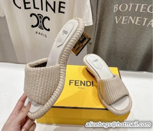 Grade Fendi Baguette Heel Slide Sandals 4.5cm in Woven Fiber Beige 702096