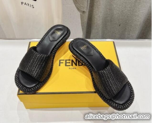 Good Looking Fendi Baguette Heel Slide Sandals 4.5cm in Woven Fiber Black 702097