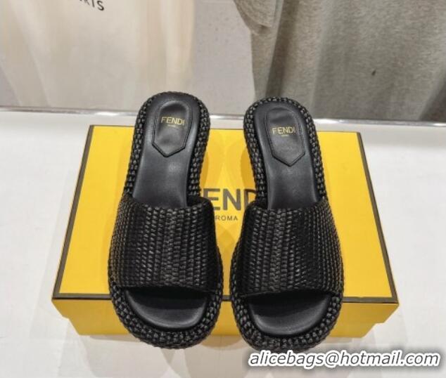 Good Looking Fendi Baguette Heel Slide Sandals 4.5cm in Woven Fiber Black 702097