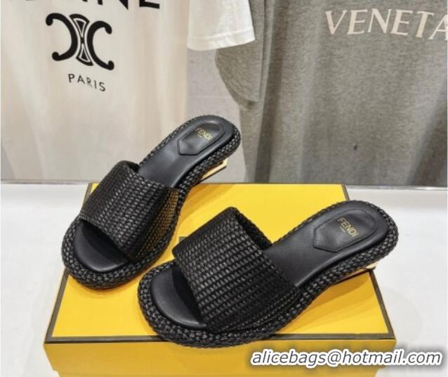 Good Looking Fendi Baguette Heel Slide Sandals 4.5cm in Woven Fiber Black 702097