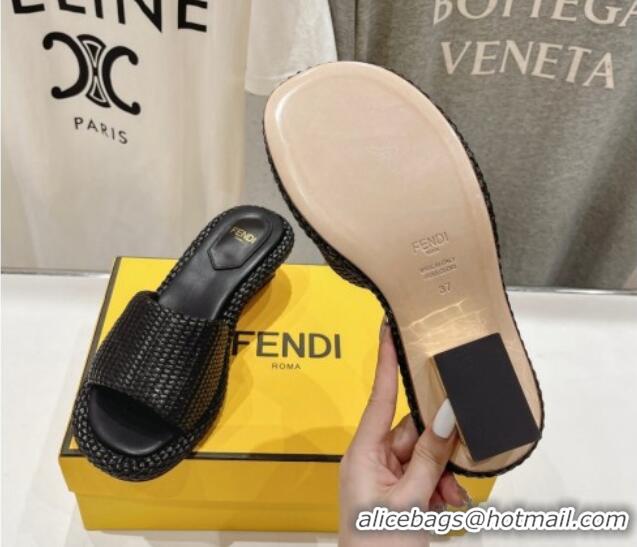 Good Looking Fendi Baguette Heel Slide Sandals 4.5cm in Woven Fiber Black 702097