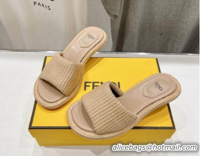 Shop Duplicate Fendi Baguette Heel Slide Sandals 4.5cm in Woven Fiber Khaki 702098