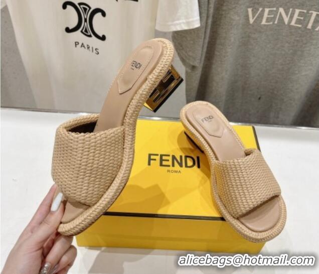 Shop Duplicate Fendi Baguette Heel Slide Sandals 4.5cm in Woven Fiber Khaki 702098