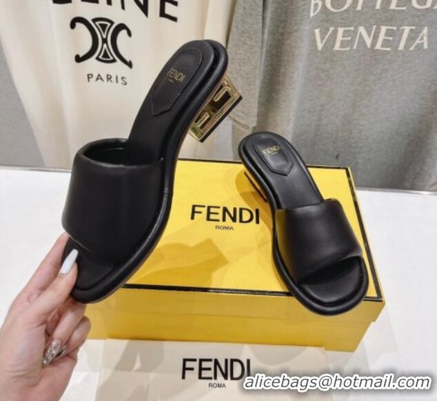 Top Design Fendi Baguette Heel Slides Sandal 4.5cm in Nappa Leather Black 702099