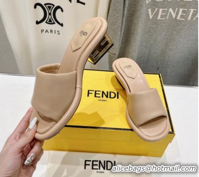 Luxury Cheap Fendi Baguette Heel Slides Sandal 4.5cm in Nappa Leather Beige 702100