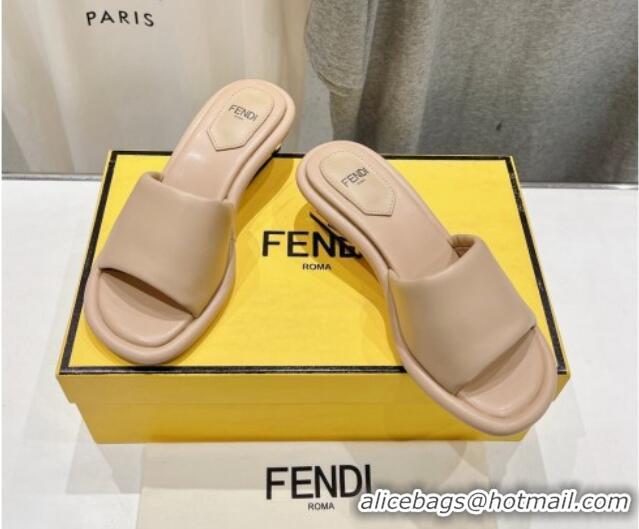 Luxury Cheap Fendi Baguette Heel Slides Sandal 4.5cm in Nappa Leather Beige 702100