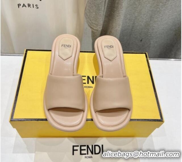 Luxury Cheap Fendi Baguette Heel Slides Sandal 4.5cm in Nappa Leather Beige 702100