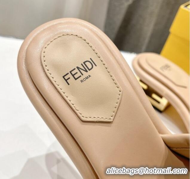 Luxury Cheap Fendi Baguette Heel Slides Sandal 4.5cm in Nappa Leather Beige 702100