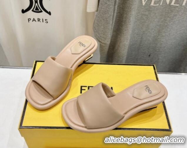 Luxury Cheap Fendi Baguette Heel Slides Sandal 4.5cm in Nappa Leather Beige 702100