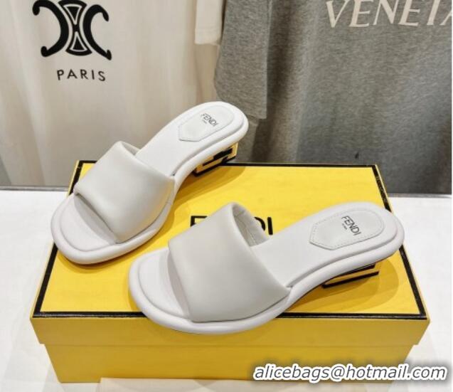 Luxury Discount Fendi Baguette Heel Slide Sandals 4.5cm in Nappa Leather White 702103