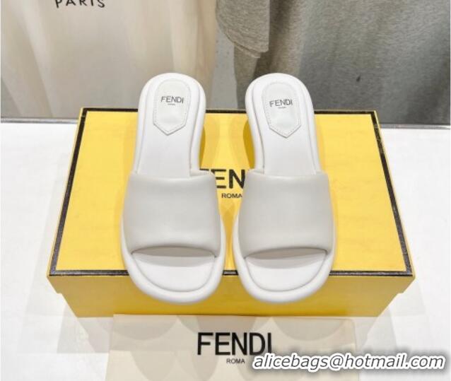 Luxury Discount Fendi Baguette Heel Slide Sandals 4.5cm in Nappa Leather White 702103