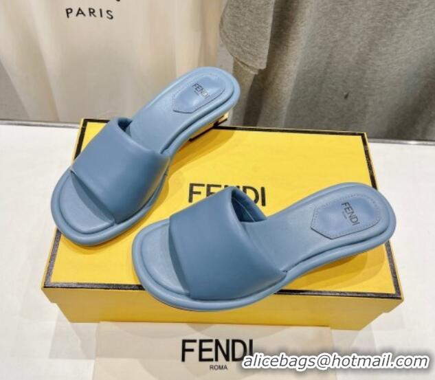 Luxury Fendi Baguette Heel Slide Sandals 4.5cm in Nappa Leather Light Blue 702104