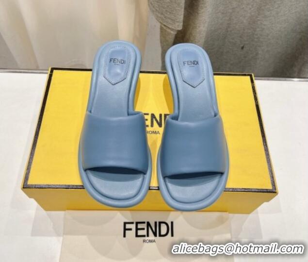 Luxury Fendi Baguette Heel Slide Sandals 4.5cm in Nappa Leather Light Blue 702104