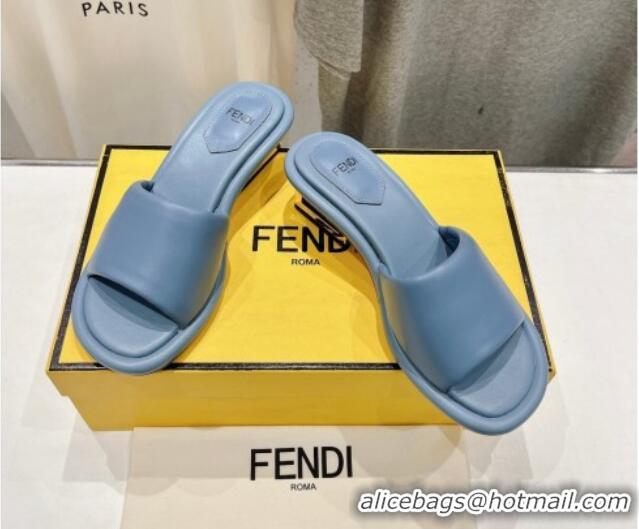 Luxury Fendi Baguette Heel Slide Sandals 4.5cm in Nappa Leather Light Blue 702104