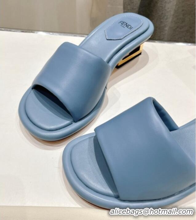 Luxury Fendi Baguette Heel Slide Sandals 4.5cm in Nappa Leather Light Blue 702104