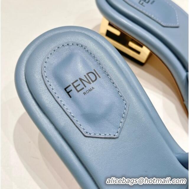 Luxury Fendi Baguette Heel Slide Sandals 4.5cm in Nappa Leather Light Blue 702104