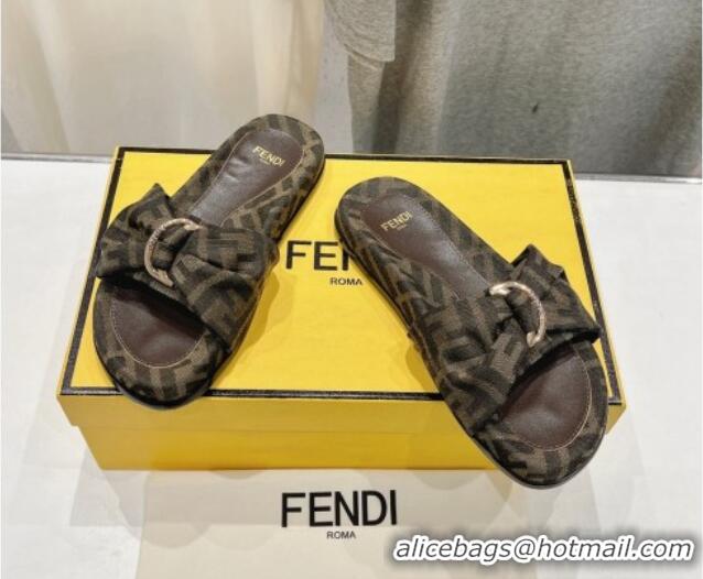 Lowest Cost Fendi Feel Flat Slide Sandals in FF jacquard Brown 702105