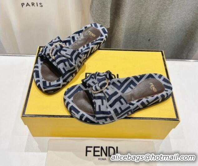 Duplicate Fendi Feel Flat Slide Sandals in FF jacquard Dark Blue 702106