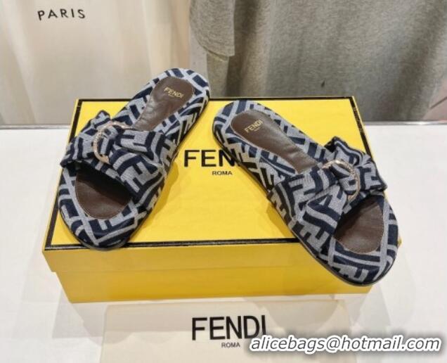 Duplicate Fendi Feel Flat Slide Sandals in FF jacquard Dark Blue 702106