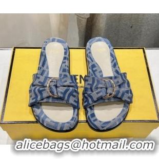 Hot Style Fendi Feel Flat Slide Sandals in FF jacquard Light Blue 702108