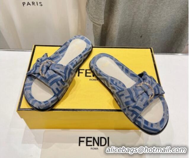 Hot Style Fendi Feel Flat Slide Sandals in FF jacquard Light Blue 702108