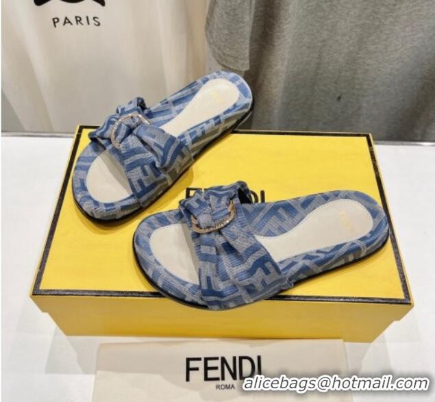 Hot Style Fendi Feel Flat Slide Sandals in FF jacquard Light Blue 702108