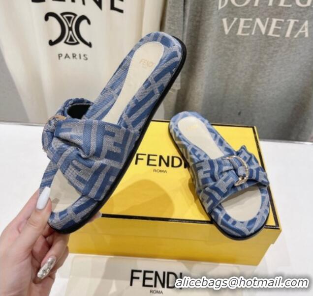 Hot Style Fendi Feel Flat Slide Sandals in FF jacquard Light Blue 702108