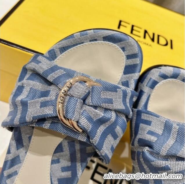 Hot Style Fendi Feel Flat Slide Sandals in FF jacquard Light Blue 702108