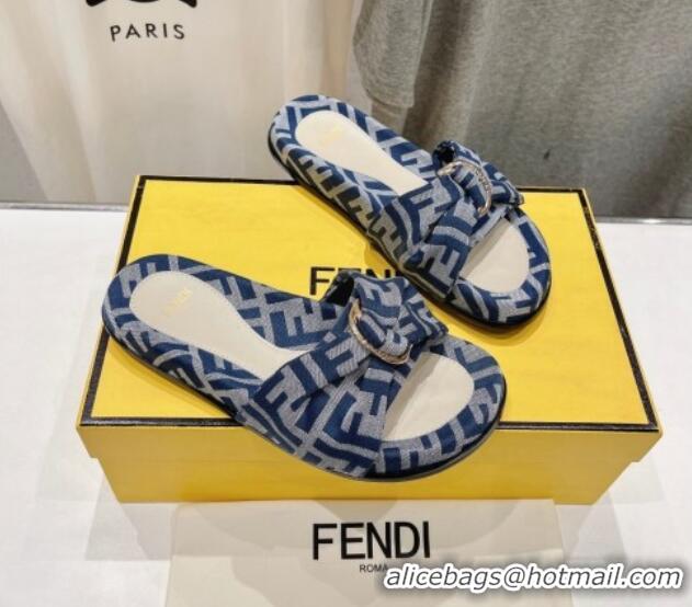 Stylish Fendi Feel Flat Slide Sandals in FF jacquard Navy Blue 702110