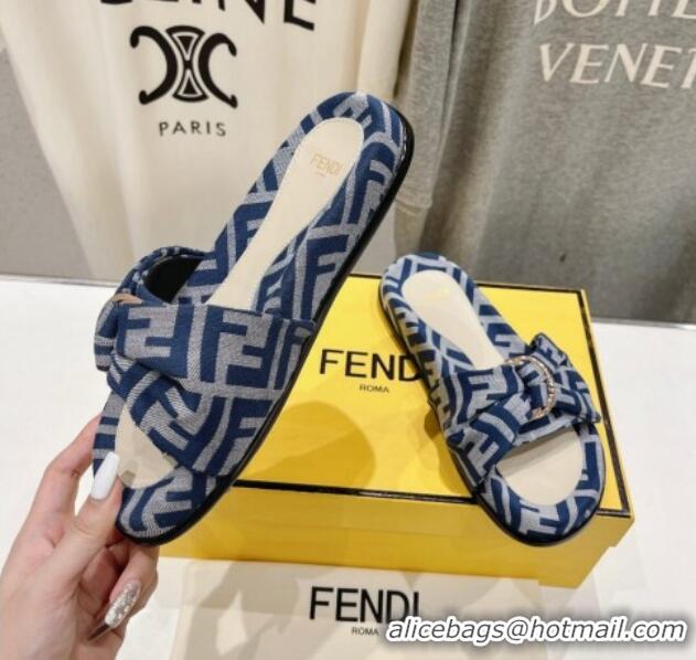 Stylish Fendi Feel Flat Slide Sandals in FF jacquard Navy Blue 702110